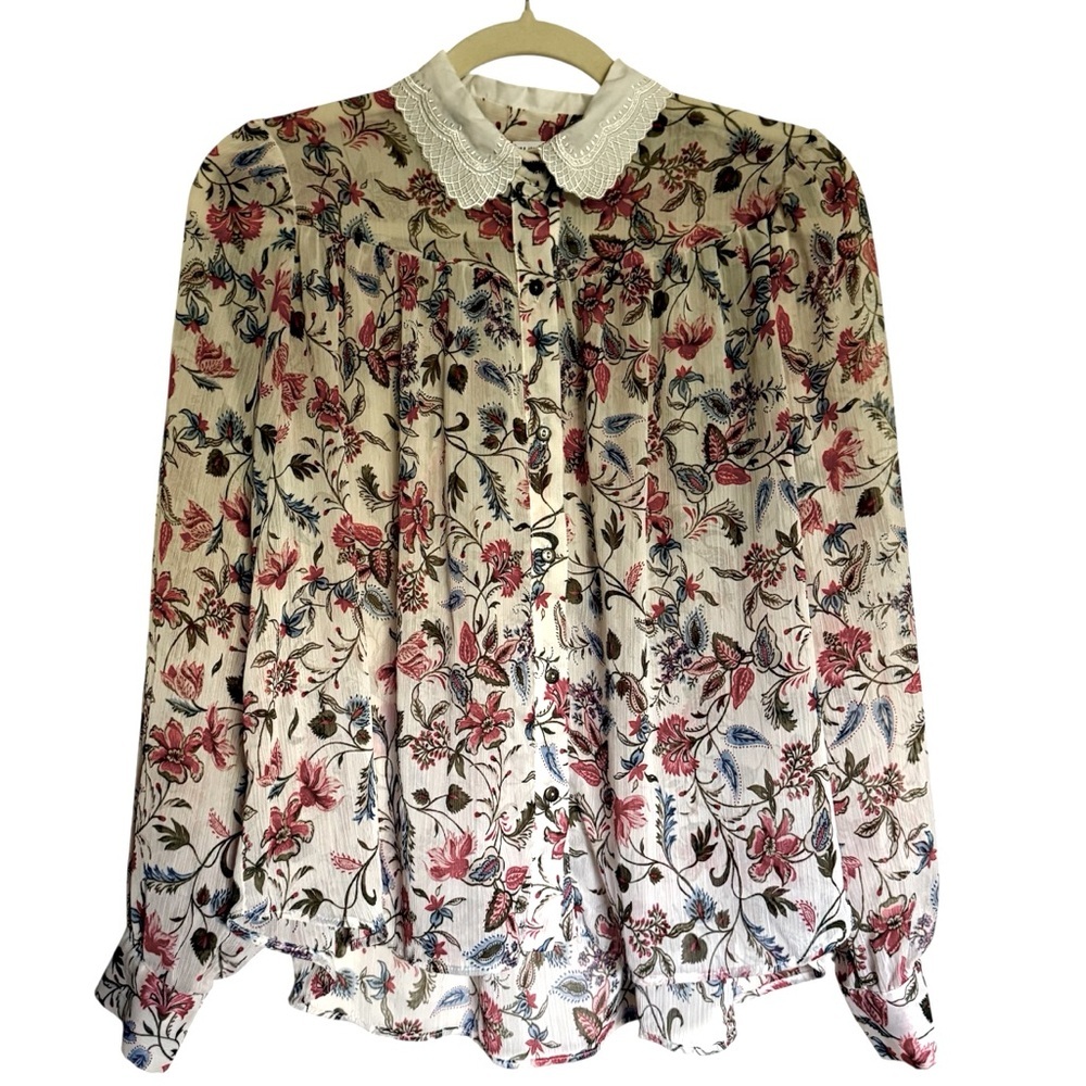 Zara Sheer Long Sleeve Floral White Collar Button Down Blouse Top Size Small‎